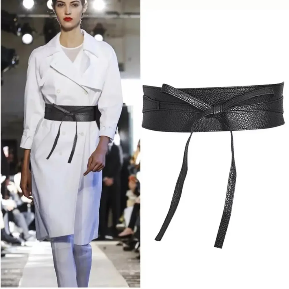 NEW PU faux leather black tie wrap cinch waist belt B18